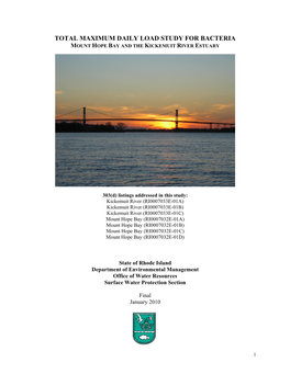 Total Maximum Daily Load Study for Bacteria Mount Hope Bay and the Kickemuit River Estuary