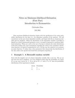 Notes on Maximum Likelihood Estimation (First Part) Introduction to Econometrics