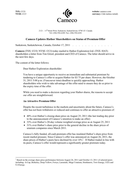 Cameco Updates Hathor Shareholders on Status of Premium Offer