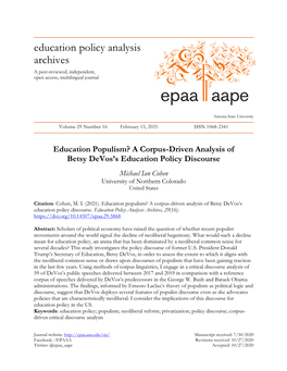 Education Populism? a Corpus-Driven Analysis of Betsy Devos's