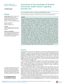 Assessment of the Knowledge of Brazilian Community Health Workers Regarding Cambridge.Org/Phc Prenatal Care