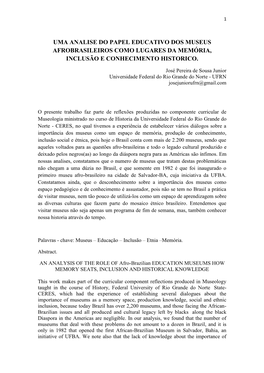 Uma Analise Do Papel Educativo Dos Museus Afrobrasileiros Como Lugares Da Memória, Inclusão E Conhecimento Historico