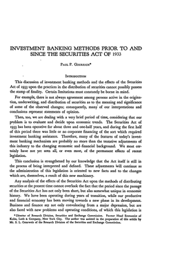 Investment Banking Methods Prior to and Since the Securities Act of 1933