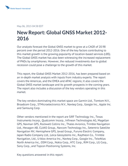 New Report: Global GNSS Market 2012-2016