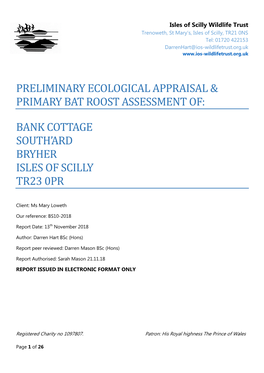 Preliminary Ecological Appraisal & Primary Bat Roost Assessment Of