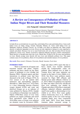 A Review on Consequences of Pollution of Some Indian Major Rivers and Their Remedial Measures