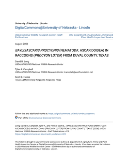 Baylisascaris Procyonis (Nematoda: Ascaridoidea) in Raccoons (Procyon Lotor) from Duval County, Texas