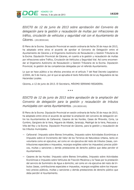 EDICTO De 12 De Junio De 2013 Sobre Aprobación Del Convenio De