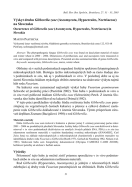 Ascomycota, Hypocreales, Nectriaceae) Na Slovensku Occurrence of Gibberella Zeae (Ascomycota, Hypocreales, Nectriaceae) in Slovakia