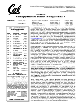 Cal Rugby Heads to Division I Collegiate Final 4