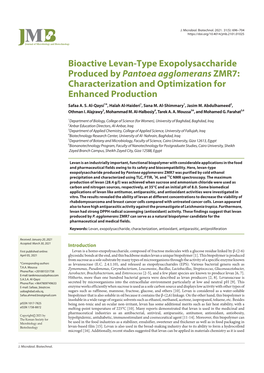 Bioactive Levan-Type Exopolysaccharide Produced by Pantoea Agglomerans ZMR7: Characterization and Optimization for Enhanced Production