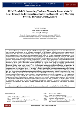 ILIMI Model of Improving Turkana Nomadic Pastoralists of Ilemi Triangle Indigenous Knowledge on Drought Early Warning System, Turkana County, Kenya