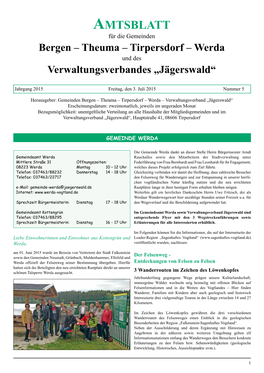 Amtsblatt Für Die Gemeinden Bergen – Theuma – Tirpersdorf – Werda Und Des Verwaltungsverbandes „Jägerswald“