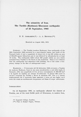 The Seismicity of Iran. the Turshiz (Kashmar) Khorassan Earthquake of 25 September, 1903