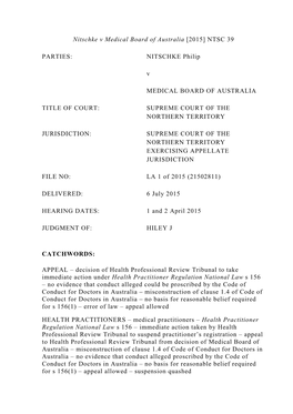 NTSC 39 Hil1506 Nitschke V Medical Board of Australia.Rtf