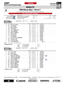 RESULTS 1500 Metres Boys - Round 1 First 4 in Each Heat (Q) and the Next 4 Fastest (Q) Advance to the Final BIB 13 DISQUALIFIED by the REFEREE