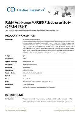 Rabbit Anti-Human MAP2K5 Polyclonal Antibody (DPABH-17348) This Product Is for Research Use Only and Is Not Intended for Diagnostic Use