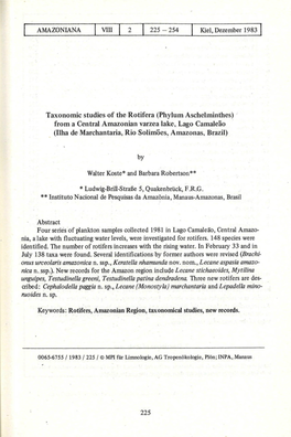 Taxonomic Studies of the Rotifera (Phylum Aschelminthes) from a Central Amazonian Varzealake, Lago Camaleão (Ilha De Marchantaria, Rio Solimões, Amazonas, Brazil)