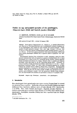 Studies on Egg and Nymphal Parasites of Rice Planthoppers, Nilaparvata Lugens (Stal) and Sogatella Furcifera (Horvath)*