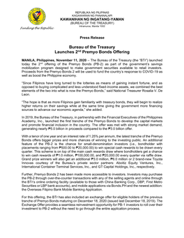 Bureau of the Treasury Launches 2Nd Premyo Bonds Offering