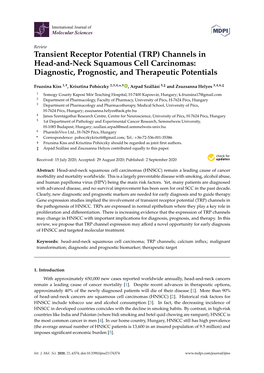 (TRP) Channels in Head-And-Neck Squamous Cell Carcinomas: Diagnostic, Prognostic, and Therapeutic Potentials