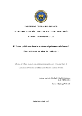 El Poder Político En La Educación En El Gobierno Del General Eloy Alfaro En Los Años