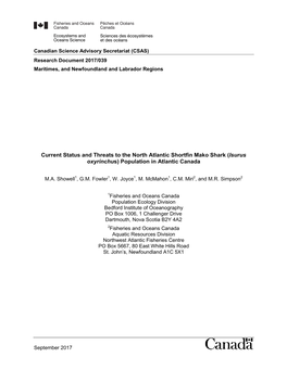 Current Status and Threats to the North Atlantic Shortfin Mako Shark (Isurus Oxyrinchus) Population in Atlantic Canada