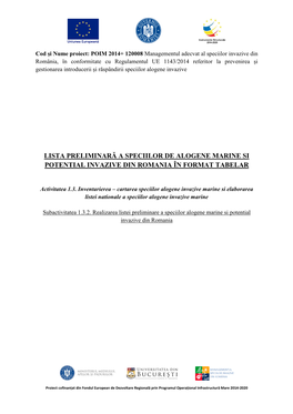 Lista Preliminară a Speciilor De Alogene Marine Si Potential Invazive Din Romania În Format Tabelar