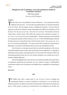 Metaphysics and Translating: an Exodus-Quotation in Medieval Vernacular Literature Edit Anna Lukács University of ELTE Budapest