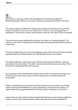 Than Four Years Ago, a New York City-Based Environmental Group Listed the Marilao-Meycauayan-Obando River System in Bulacan As Among the 30 Dirtiest in the World