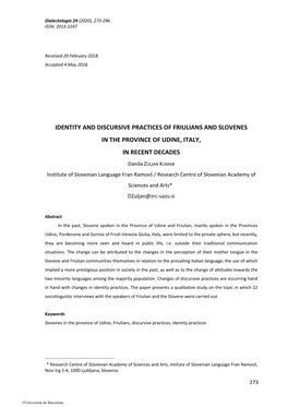 Identity and Discursive Practices of Friulians and Slovenes in the Province of Udine, Italy, in Recent Decades