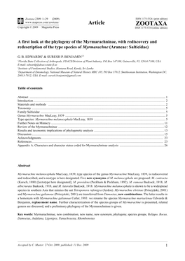 Zootaxa 2309: 1–29 (2009) ISSN 1175-5326 (Print Edition) Article ZOOTAXA Copyright © 2009 · Magnolia Press ISSN 1175-5334 (Online Edition)