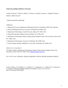 1 Embracing Multiple Definitions of Learning Andrew B. Barron *, Eileen A. Hebets *, Thomas A. Cleland , Courtney L. Fitzpatr