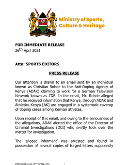 FOR IMMEDIATE RELEASE 26Th April 2021 Attn: SPORTS EDITORS