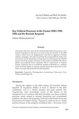 Key Political Processes in the Former SFRY 1990- 1992 and the Bosniak Respond