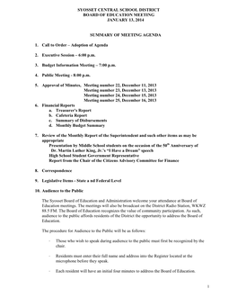 Syosset Central School District Board of Education Meeting January 13, 2014