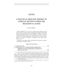 Notes a Political Process Theory of Judicial Review Under the Religion