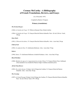 A Bibliography of French Translations, Reviews, and Essays