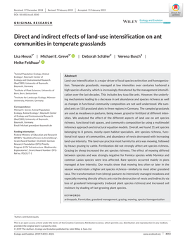 Direct and Indirect Effects of Land‐Use Intensification on Ant Communities in Temperate Grasslands