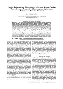 Nesting Behavior and Bionomics of a Solitary Ground-Nesting Wasp, Ammophila Dysmica (Hymenoptera: Sphecidae): Influence of Parasite Pressure1