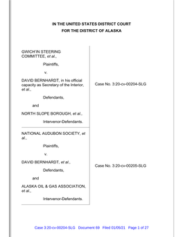 IN the UNITED STATES DISTRICT COURT for the DISTRICT of ALASKA GWICH'in STEERING COMMITTEE, Et Al., Plaintiffs, V. DAVID BERNH