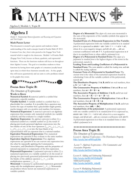 MATH NEWS Algebra I, Module 1, Topic B