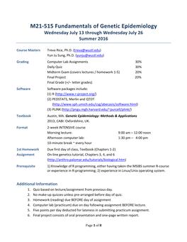 M21-515 Fundamentals of Genetic Epidemiology Wednesday July 13 Through Wednesday July 26 Summer 2016