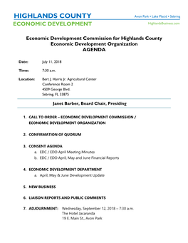 Highlands County Economic Development Organization AGENDA