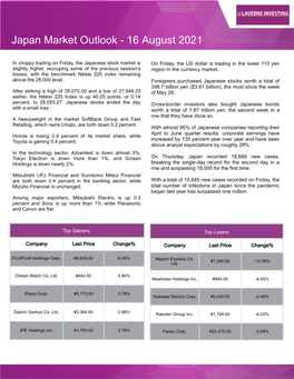 Japan Market Outlook- 16 August 2021