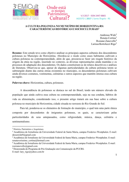 A Cultura Polonesa No Município De Horizontina-Rs: Características Históricas E Socioculturais1