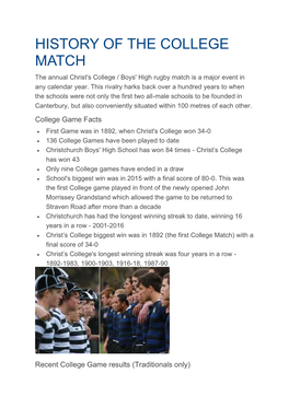 HISTORY of the COLLEGE MATCH the Annual Christ's College / Boys' High Rugby Match Is a Major Event in Any Calendar Year