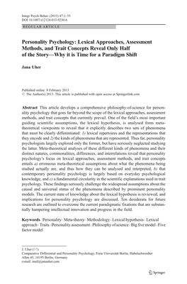 Personality Psychology: Lexical Approaches, Assessment Methods, and Trait Concepts Reveal Only Half of the Story—Why It Is Time for a Paradigm Shift