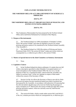 Explanatory Memorandum to the Northern Ireland Act