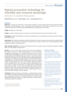 Natural Procreative Technology for Infertility and Recurrent Miscarriage Outcomes in a Canadian Family Practice